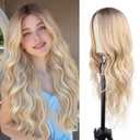 BrittyHair Omber Blonde Long Wavy Wig for Women 26 Inch Middle Part Curly Wig Natural Looking Heat-resistant synthetic fiber wigs for Daily Wear Cosplay and Halloween