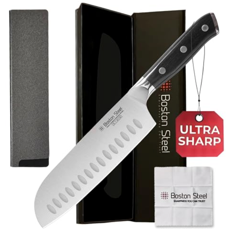 Boston Steel Santoku Knife 7 Inch – Ultra Sharp High Carbon Stainless Steel Kitchen Knife, Professional 7” Santoku Knife with Ergonomic Handle for Home & Restaurant, Culinary Cooking Knife