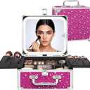 Relavel Makeup Bag with LED Mirror, Makeup Box Travel Train Case with Rechargeable Lighted Mirror, Cosmetic Brush Organizer Storage for Makeup Artists Gifts for Women and Girls, Hot Pink Shining Star (Small)