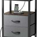 Huuger Nightstand with Charging Station, Fabric Drawers, End Table with Open Shelf, Bedside Table with USB Ports and Outlets, Night Stand for Bedroom, Walnut