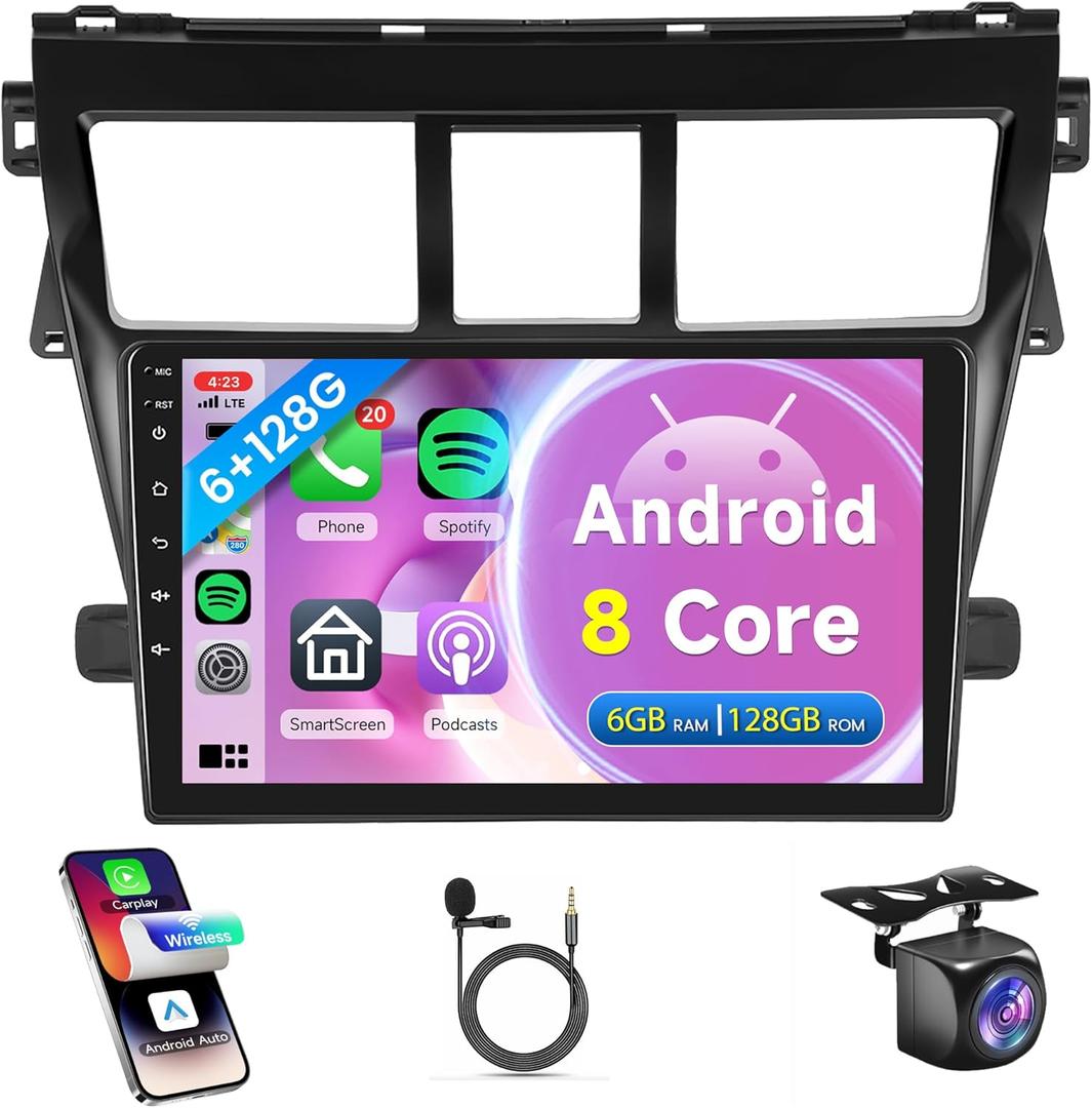 8Core 6G+128G Android Car Radio for Toyota Yaris VIOS 2007-2013, Rimoody Car Stereo Carplay Android Auto GPS WiFi Mirror Link 9 Inch Touchscreen DSP-36 59-UI Bluetooth FM/RDS EQ + Backup Camera