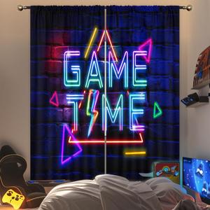 Neon Gaming Curtains for Bedroom 52Wx84H Inch Rod Pocket Kids Boys Gamer Video Game Time Cool Modern Geometric Rustic Brick Wall Child 2 Panel Window Treatment Set for Living Room Decor