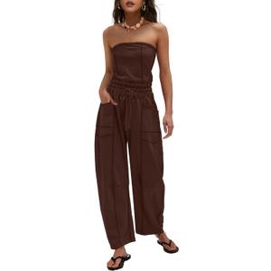 LAMISSCHE Womens Casual Strapless Jumpsuits off the Shoulder Summer Rompers Sleeveless One Piece Outfits with Pockets (Brown, XL)