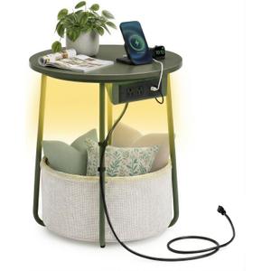 VASAGLE LILEA Collection - Side Table with Charging Station, Round End Table with Fabric Basket, LED Nightstand with USB Ports, Modern, for Living Room, Forest Green and Cream White ULET227C01, With LED light