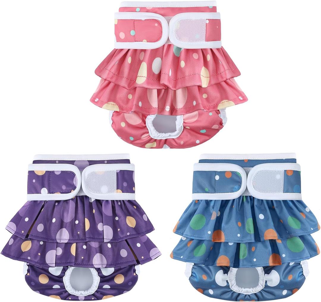 Female Dog Diapers with Skirts 3 Pack Reusable Dog Panties for Heat Cycle Period (Small, Bubbles)