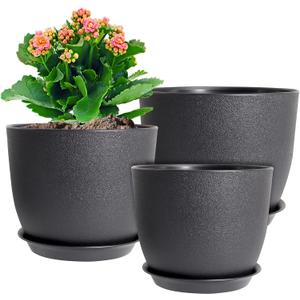 10/9/8 inch Medium Plant Pots, 3 Pack Modern Decorative Plastic Planters with Drainage Holes and Saucers, Flower Pots for Indoor Outdoor Plants, Black