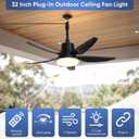 Plug in Ceiling Fan with Light,32" Portable Outdoor Ceiling Fans with Remote4 Speeds,3000K-6500K LED Hanging Fan Light with Hook for Gazebos,Patios,Garage,Camping,RV,Workshops (Black)