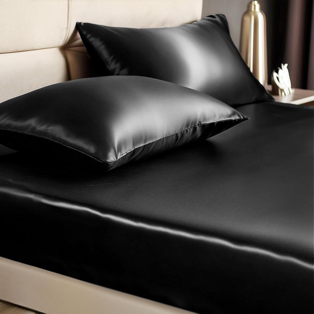 BEDELITE Satin Fitted Sheet and Pillowcases Set, Luxury Soft Similar to Silk Bottom Bed Sheet with Elastic Corner Straps, Deep Pocket up to 15 Inch, 1 Fitted Sheet and 2 Pillowcases (Full, Black)