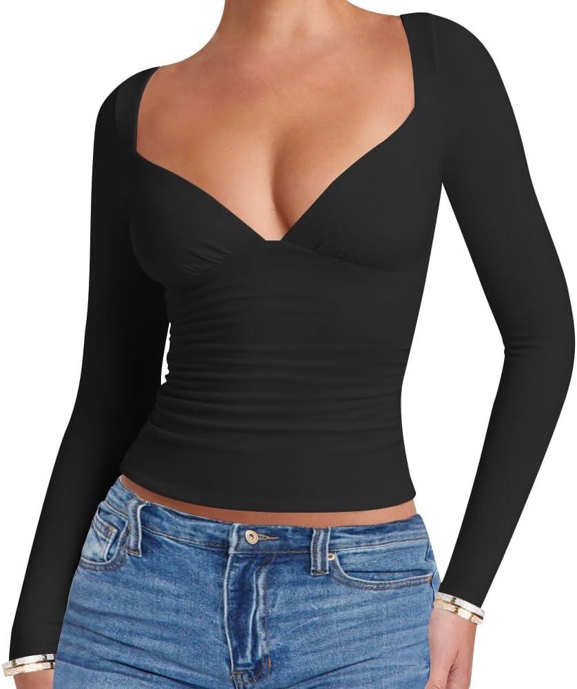 eoeoo Women's Sexy Deep V Neck Long Sleeve Double Lined Ruched Tops Slim Fitted Going Out Tshirts (Black), Small
