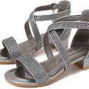 Girls Low Heel Chunky Sandals Wedding Dress Pumps Shoes (8 Toddler, Gun Color)