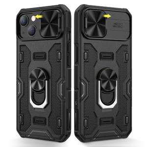 Caka for iPhone 14 & 13 Case with Camera Cover & Kickstand - 360 Rotate Ring Stand - Heavy Duty Protective Cover - Black