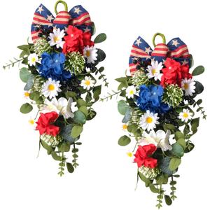 Set of 2PCS 4th of July Red White Blue Teardrop Wreaths for Front Door, Independence Patriotic Swags for Indoor Outdoor, Memorial Day Flowers Swag Wreath for Home Decor