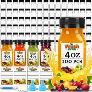 100PCS 4OZ Plastic Juice Bottles with Caps, Clear Shot Bottles Reusable Containers with Labels, Funnel and BrushSuitable for Juice Milk, Tea, Drinking, Smoothie, and Other Beverages (100, 4, ounces)