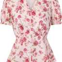 Belle Poque Floral Tops for Women Spring Summer Dressy Casual Blouses Short Sleeve V Neck Shirts Peplum Tops Pink L
