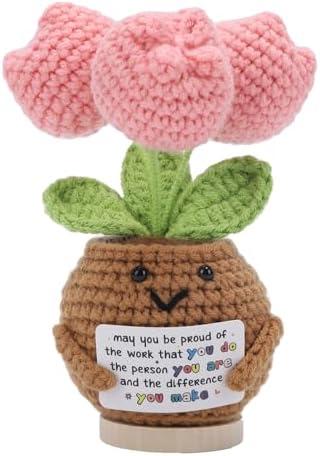 Positive Crochet Flower with Message Card,Cute Handmade Emotional Cheer Up Flower, Ideal Birthday for Mom Dad Grandma Coworker Teacher Friends Boss