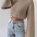 MakeMeChic Women's Mock Neck Crop Sweater Bell Sleeve Knitted Pullovers Jumper Tops (Gray, S)