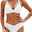 Yonique Women Two Piece Bathing Suits Push Up Bikini Set Halter Swimsuit Vintage Swimwear Large, White 