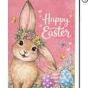 Happy Easter Garden Flag 12x18 Inch Double Sided, Pink Floral Bunny Easter Egg Yard Flag, Wrinkle Resistant Durable Easy Clean Linen Flag for Outdoor Patio Lawn Porch Spring Decoration (Pink Bunny)