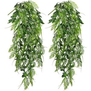 Hollyone 2pcs Artificial Hanging Plant 36" Faux Ferns Artificial Plastic Greenery Ivy Leaves Fake Vines for Wall Farmhouse Living Room Kitchen Shelf Garden Home Patio Indoor Outdoor Decor