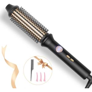 Thermal Brush, Avvnee 1.26 Inch Curling Iron for Long Dry Hair, 110-220V Heated Round Brush with 10 Temp Settings, 30s Fast Heat for Curling & Volumizing & Straightener, Anti-Scald Nylon Bristles (Black)