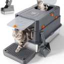 FURTIME Stainless Steel Litter Box with Lid, Large Enclosed Cat Litter Box for Big Cats, Metal Cat Box with High Sided Enclosure & Scoop, Front & Top Entry, Odor Free, Anti-Leakage, Grey X-large