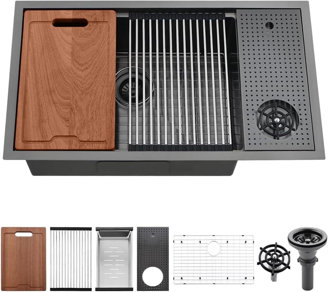 33 Inch Undermount Kitchen Sink with Glass Rinser-PEPO 33 x 19 x 10 Inch Black Kitchen Sink 16 Gauge Stainless Steel Single Bowl Worksation kitchen sinks with Accessories 