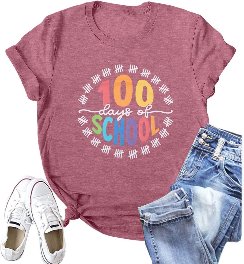 100 Days of School Shirt Teacher Happy 100th Day of School Tshirt Women Casual Teacher Life Tee Tops (Pink, L)