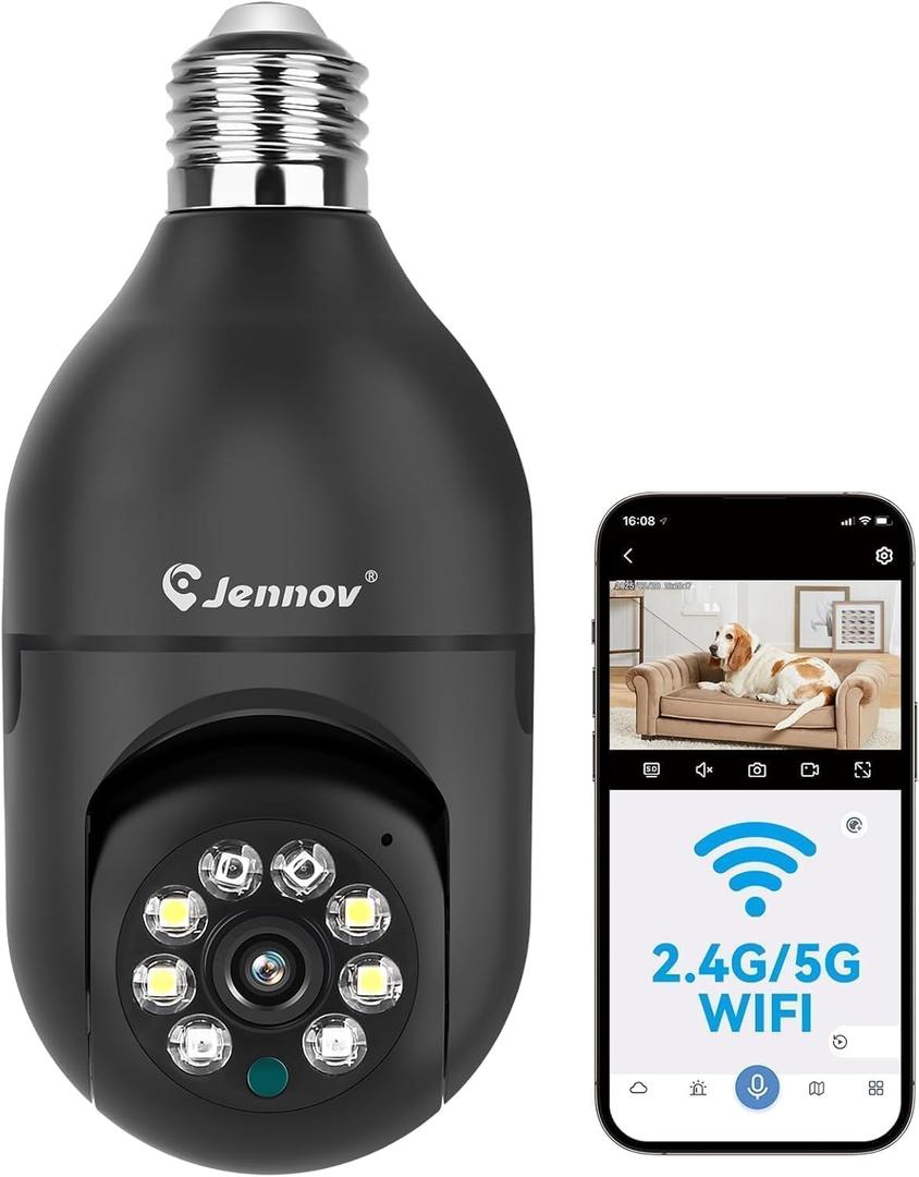 Jennov 2K Light Bulb Security Camera Wireless Outdoor, Indoor Light Socket Cameras for Home Security, Human Detection, 355, Color Night Vision, 5G/2.4G WiFi, Screw in, Compatible with Alexa