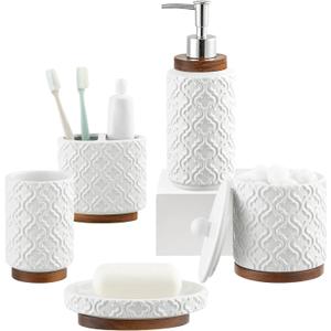 Bathroom Accessories Set 5 Pieces Toothbrush Holder Soap Dispenser Ceramic Bathroom Accessory Set Contain Cotton Swab Jar Toothbrush Cup Soap Dish Tumbler