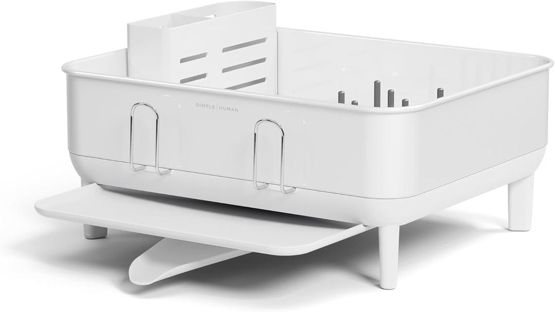 simplehuman Compact Dish Drying Rack with Stainless Steel Frame, 360 Easy Drain Swivel Spout, Utensil Holder, Anti-Residue Coating, Moisture Control Surface, White (Compact (15'' X 15.5'' X 7.5''))