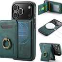 Wallet Case for iPhone 17 Pro, 2 in 1 Strong Magnetic Detachable, Shockproof Phone Case Compatible with MagSafe, Slim Leather Wallet RFID Blocking 5-Card Holder Ring Grip Stand (Green)