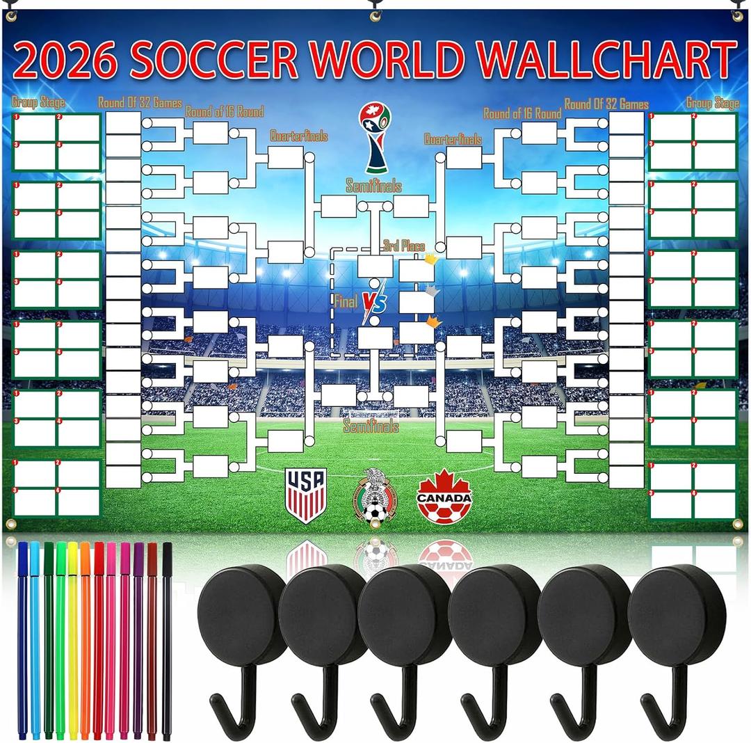 3 x qiyeyeye 83x59 Inch World Cup Schedule Poster Polyester Wallchart & Trophy Showcase Soccer Backdrop Banner for International Party Decor Office Bar and Fan Gifts