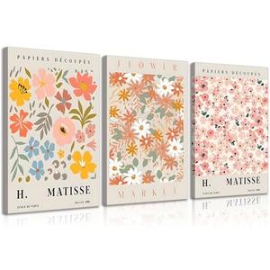3Pcs Flower Market Canvas Wall Art Danish Pastel Wall Decor Pictures Pink Aesthetic Posters Prints for Living Room Hallway Bedroom Home Decoration Prepare to Hang