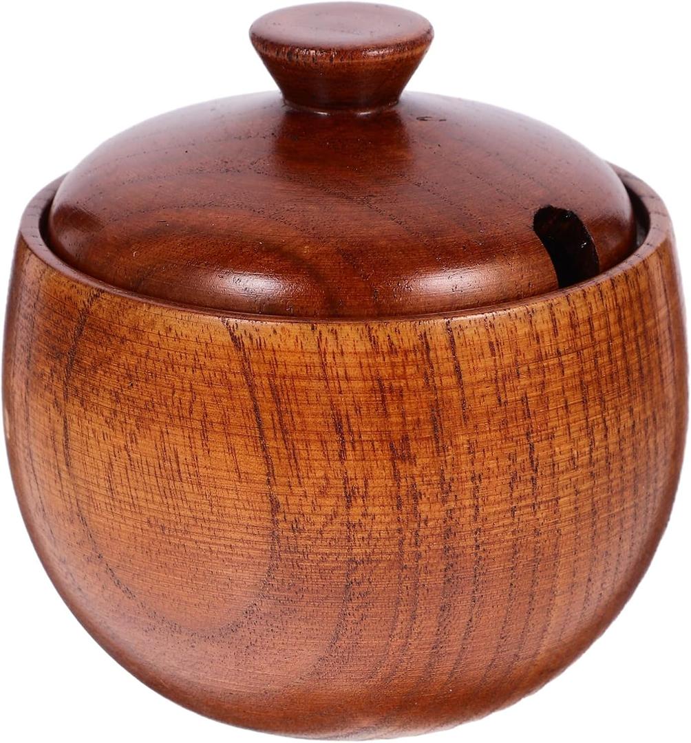 Hemoton Wooden Seasoning Bowl with Lid 3.14X3.14X3.54 Inch Natural Wood Food Container Kids Rice Bowl for Serving Rice Snacks Soup
