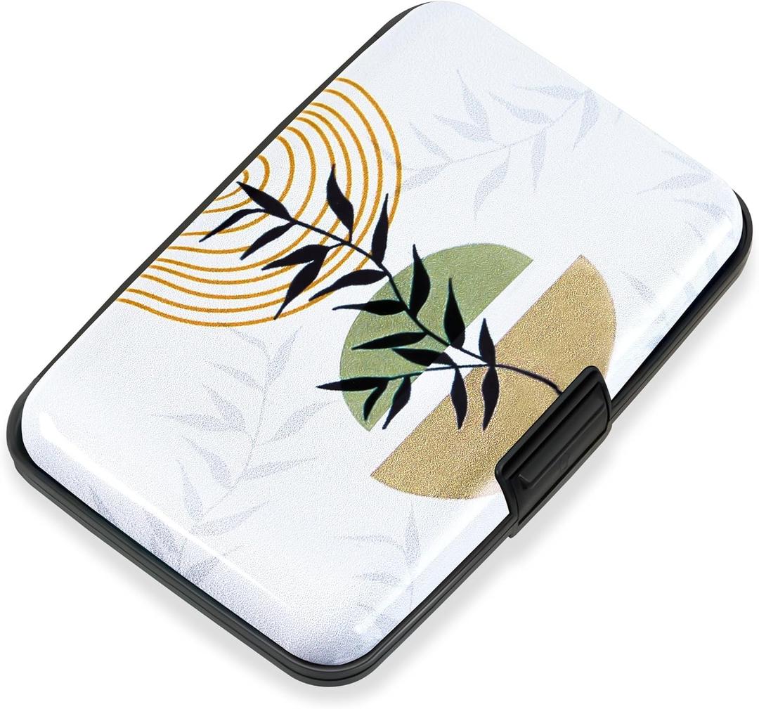 Mayski Credit Card Holder, RFID Blocking, Aluminum Alloy Hard Case, Small Mini Business Metal Wallet for Women Men, Boho Leaves