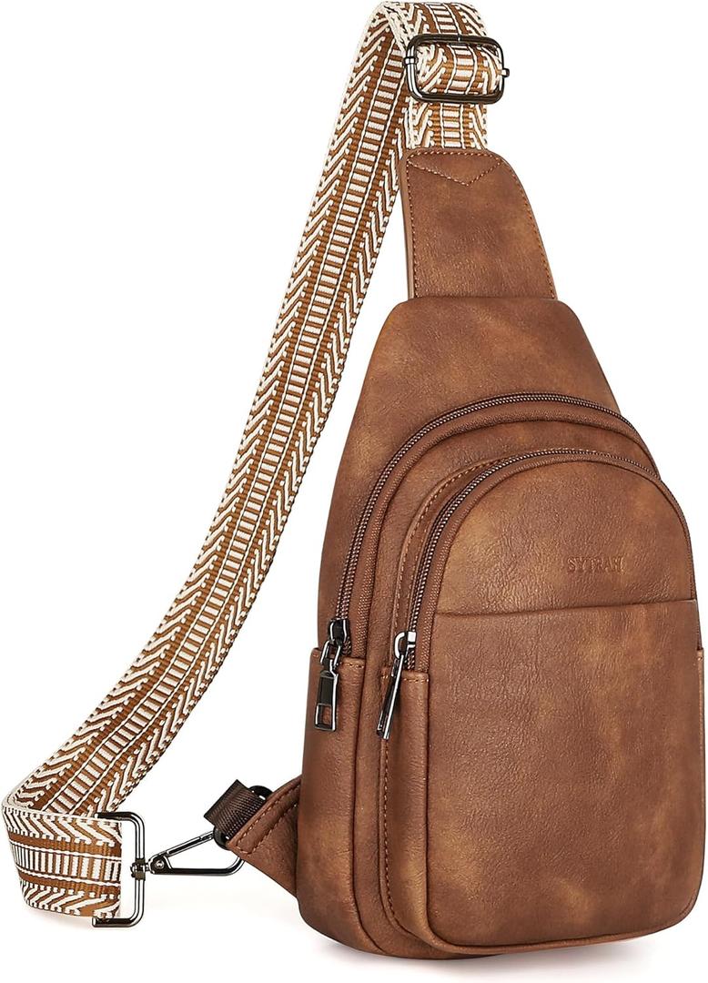 Sling Bag for Women, Crossbody Bags Purse for Women Trendy Vegan Leather Chest Bag with Adjustable Guitar Strap (Mocha Brown)
