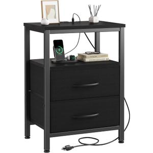 DUMOS Nightstand with Charging Station Built in USB Ports and AC Outlets Bedside Table with Adjustable Fabric Drawer and Open Shelf Modern End Table for Bedroom,Black