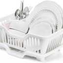Noamus 2-Piece Plastic Dish Drying Rack, Heavy Duty Sink Set Dish Rack, White Large Drainer with Attached Drainboard Utensil Cup Holders for Home Kitchen Counter Top Organizers