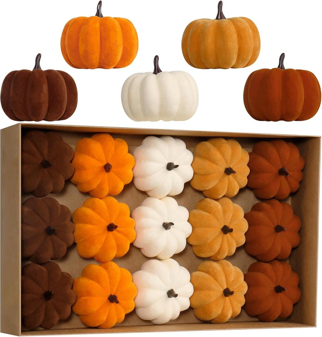 RoseCraft Artificial Flocked Pumpkins, 15PCS Coffee Gold Beige Orange Brown Velvet Foam Faux Pumpkins Decorations, for Fall Harvest Halloween Thanksgiving Table Centerpiece Decor.