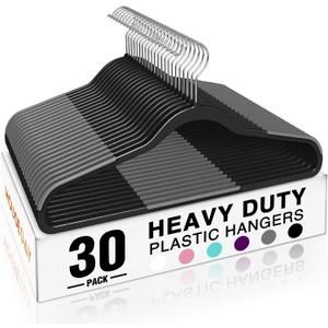 HOUSE DAY Heavy Duty Plastic Hangers 30 Pack, Non Slip Clothes Hangers with Rubber Pads and 360 Hook - Thin 0.2 Inch, Space Saving Coat Hanger Black, Closet Organizer for Shirt, Pants, Suit, Skirt