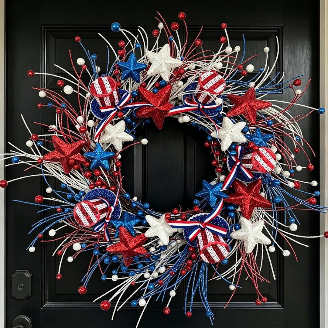 24 Inch Patriotic Wreath for Front Door, Red White Blue Glitter Wreaths with 3D Hat & Berries, Memorial & Independence Day Decorations for Porch Wall Window