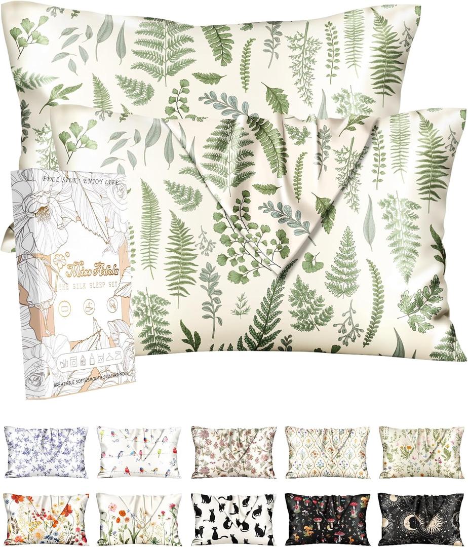 2 Pack Silk Pillowcase - 20x36 Inch King Size Silk Pillow Case with Hidden Zipper for Women Lady Smooth Soft Breathable Cute Design Pillowcase for Hair and Skin, Green Leaf