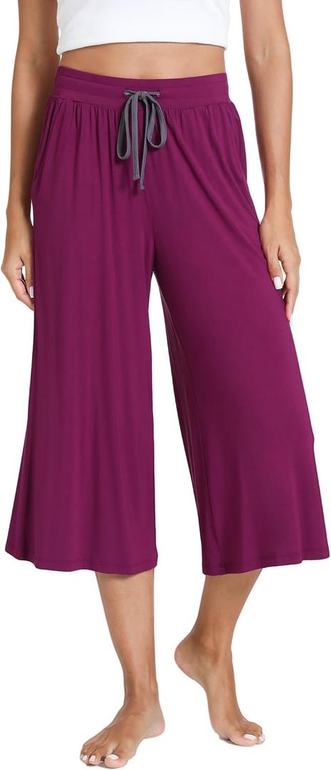 GYS Bamboo Viscose Capri Pajama Pants for Women, Wide Leg Lounge Pants | Comfy Drawstring PJ Bottoms with Pockets, Ultra-Soft, Cooling, Moisture-Wicking, Stretchy Yoga Pants (L)