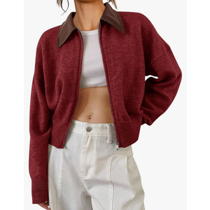 Saodimallsu Womens Zip Up Barn Jacket Cropped Faux Leather Collared Open Front Long Sleeve Fall Cardigan Sweaters M