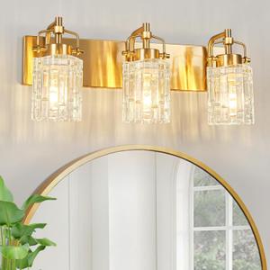 3 Light Crystal Glass Vanity Light, Gold Bathroom Lighting Fixtures Over Mirror Modern Bath Wall Sconce Lighting for Bedroom Living Room