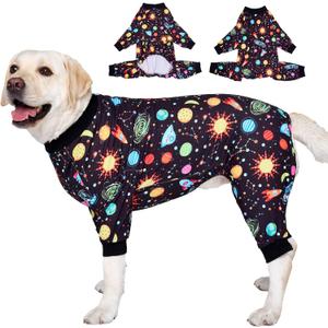 LovinPet Big Dogs Onesies: Big Dog Pajamas, Post Surgery/Wound Care, Lightweight Stretchy Fabric, Interstellar Black Print, Dog Jumpsuit, Anti Licking, Pet PJ's/XL