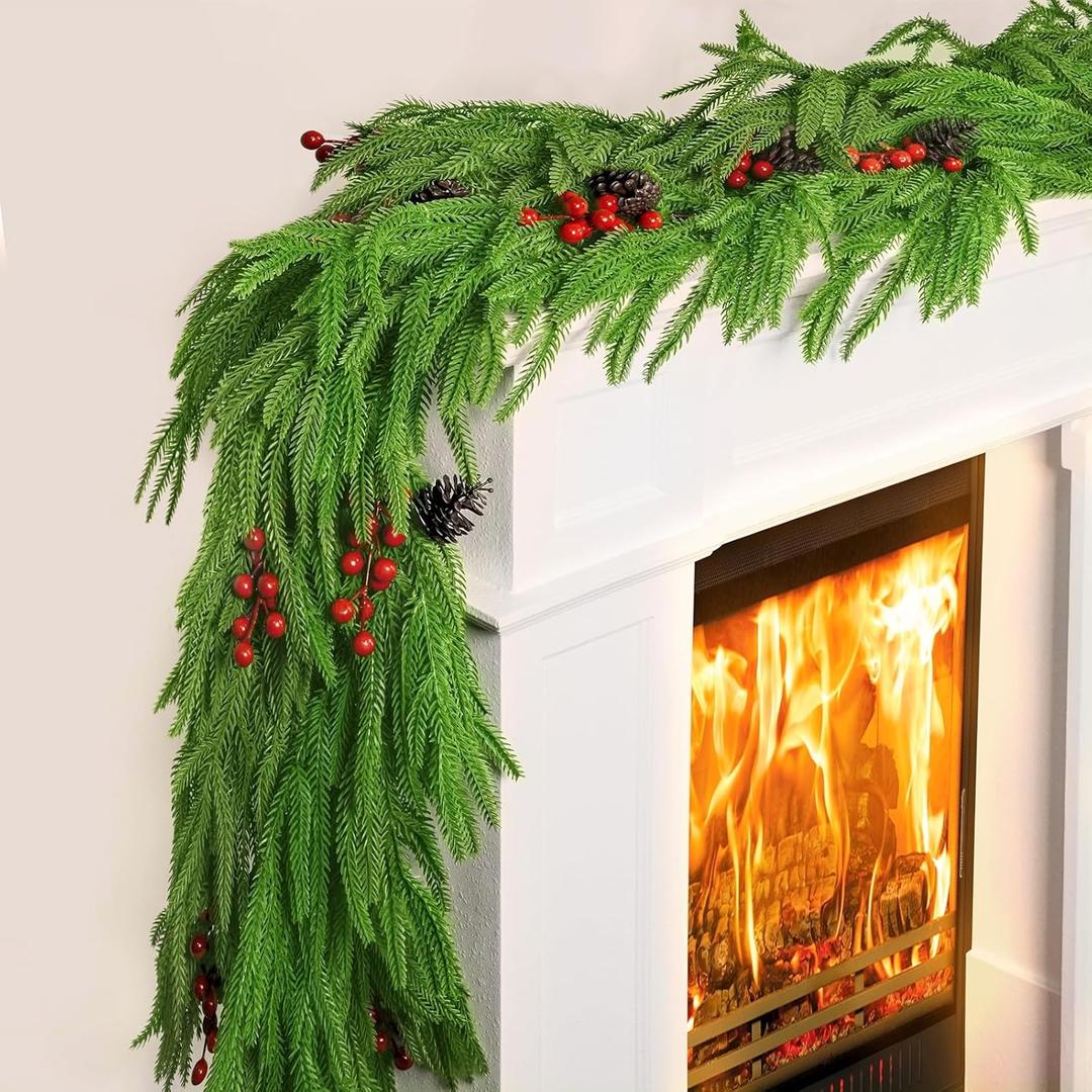 6 FT Christmas Norfolk Pine Garland Real Touch Artificial Greenery Garland Faux Pine Garlands for Mantel Fireplace Table Stairs Indoor Outdoor Christmas Decor, Bonus Gold Ribbon with LED Lights