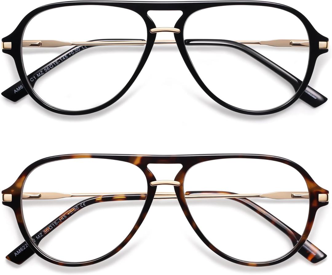 AMOMOMA Aviator Reading Glasses for Women Men Blue Light Blocking Lens Spring Temple AM6226 (C1.black+c2.tortoise)