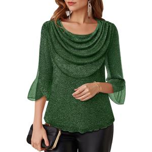Lotusmile Blouses for Women Dressy Casual 3/4 Sleeve Cowl Neck Sparkly Tops Cocktail Shirts for Evening Party (Large, Green)