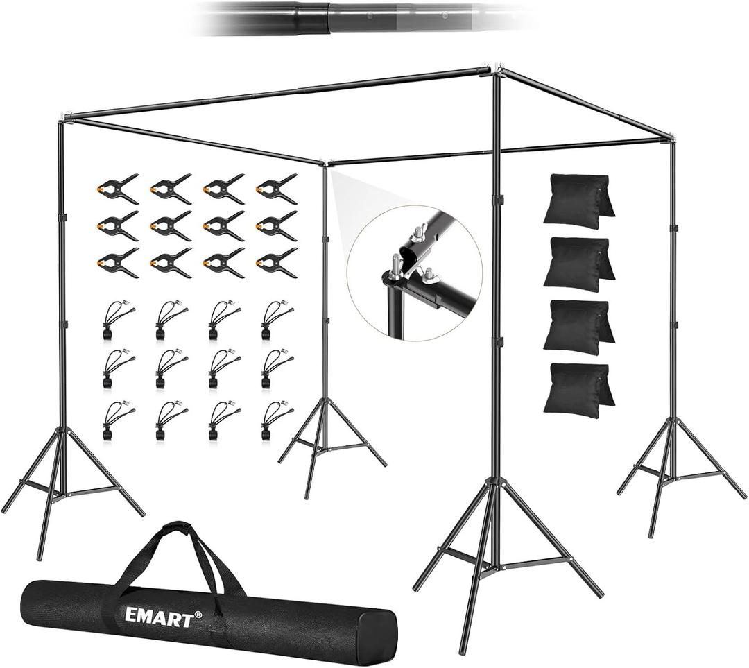 EMART Backdrop Stand, 10x10x7ft Square Large Adjustable Background Support System with 308 Angle Rotatable Connector, 12 Clamps, 4 Sandbag and Carry Bag for Paties, Wedding, Photography Studio, Video (Black)